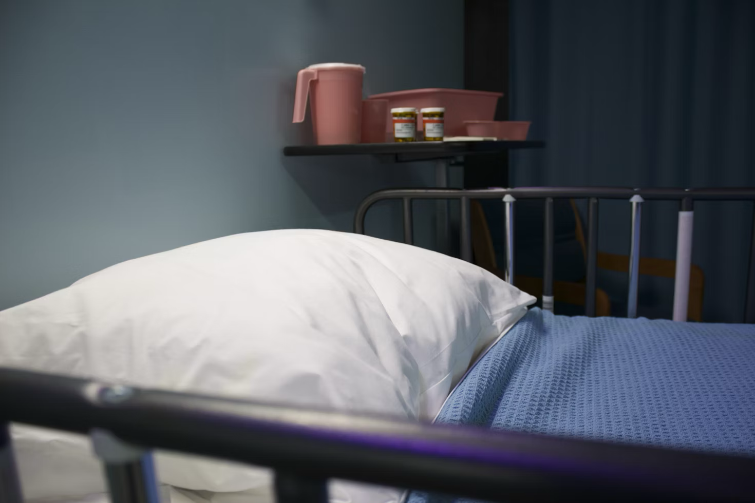 A hospital bed in a medical facility.